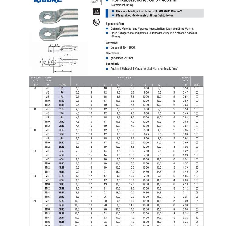 KLAUKE Rohrkabelschuh, 6mm², M8, 12mm breit, 2 Stück