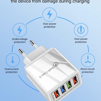 4-Port USB Schnellladegerät QC 3.0 Netzteil Adapter 5V/3.1A – Weiß