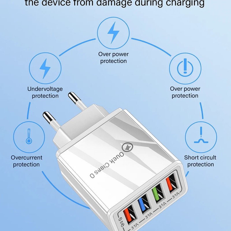 4-Port USB Schnellladegerät QC 3.0 Netzteil Adapter 5V/3.1A – Weiß