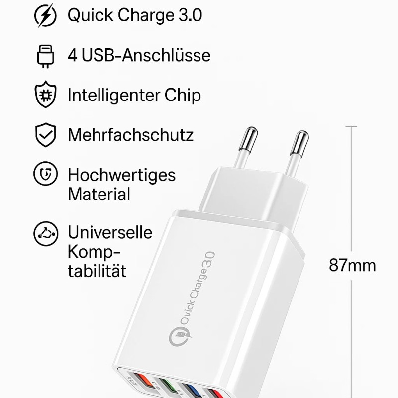 4-Port USB Schnellladegerät QC 3.0 Netzteil Adapter 5V/3.1A – Weiß