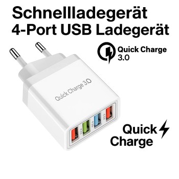 4-Port USB Schnellladegerät QC 3.0 Netzteil Adapter 5V/3.1A – Weiß