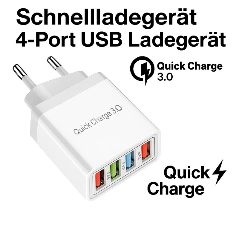 4-Port USB Schnellladegerät QC 3.0 Netzteil Adapter 5V/3.1A – Weiß