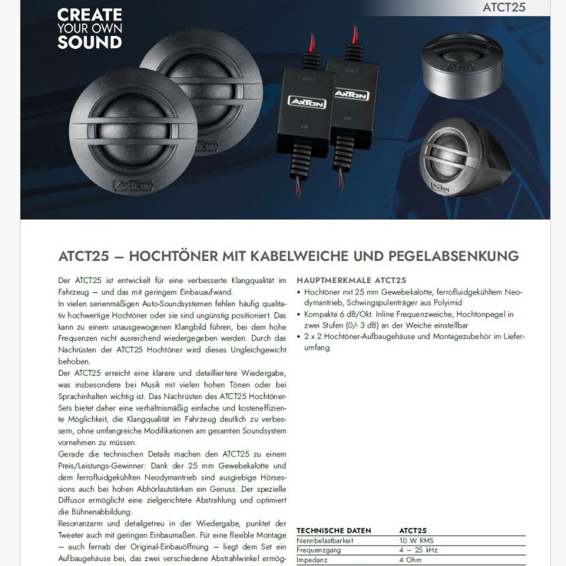 AXTON ATCT25 25 mm Gewebe-Hochtöner mit Weiche
