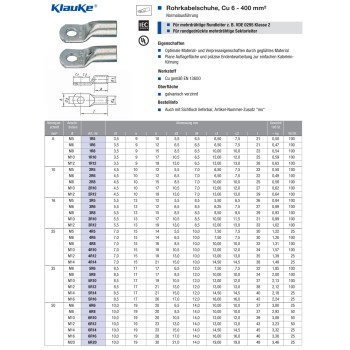 KLAUKE Rohrkabelschuh, 6mm², M6, 12mm breit 2 Stück