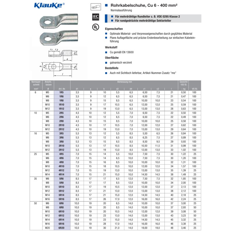 KLAUKE Rohrkabelschuh, 50mm², M12, 23mm breit 2 Stück
