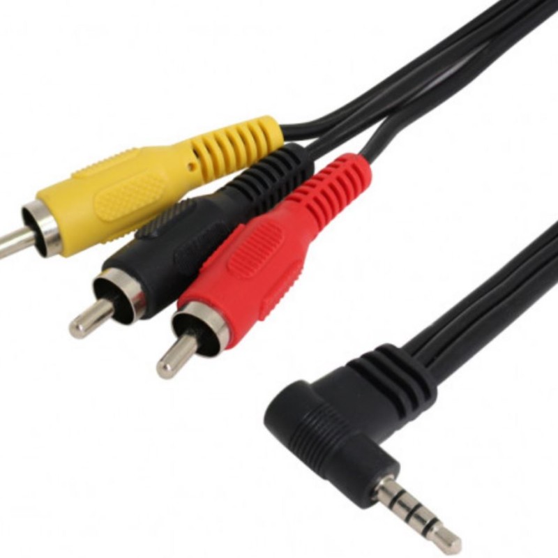 Audio-Kabel A/V 3x Cinch auf 1 3,5mm Stereo 90° Winkel-Klinkenstecker