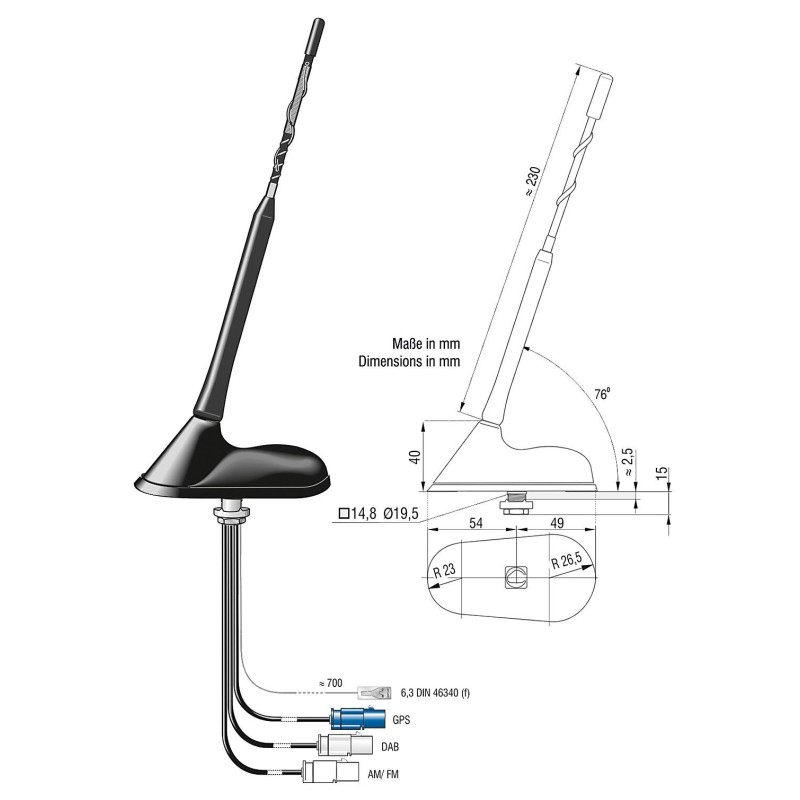 ATTB 3761.06 Dachantenne FM/DAB/GPS inkl. Alle 3 stk. Adapterkabel 6.5 m
