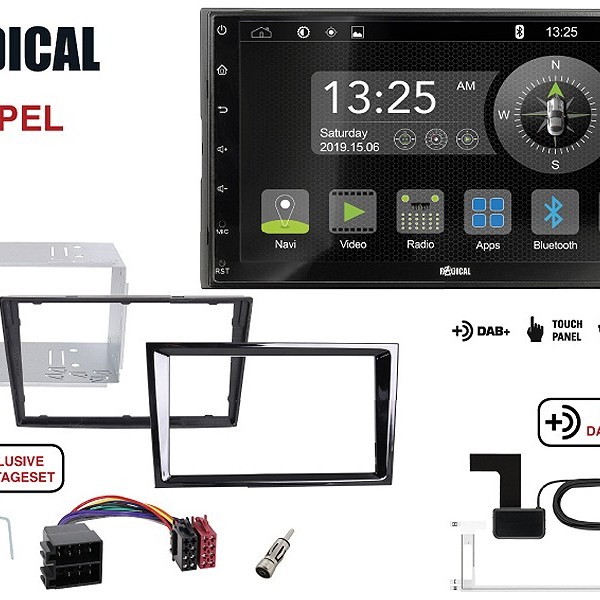 Radical R-D211 2-DIN DAB+ mit Montageset für Opel schwarz glänzend PIANO