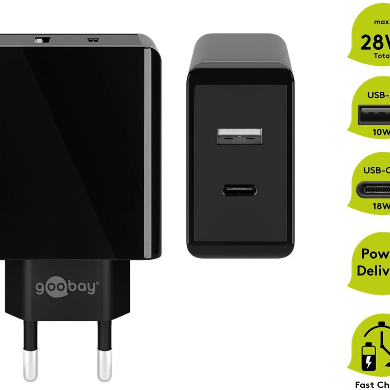 230V Netzteil mit USB-A & USB-C Buchsen, 30 Watt, schwarz