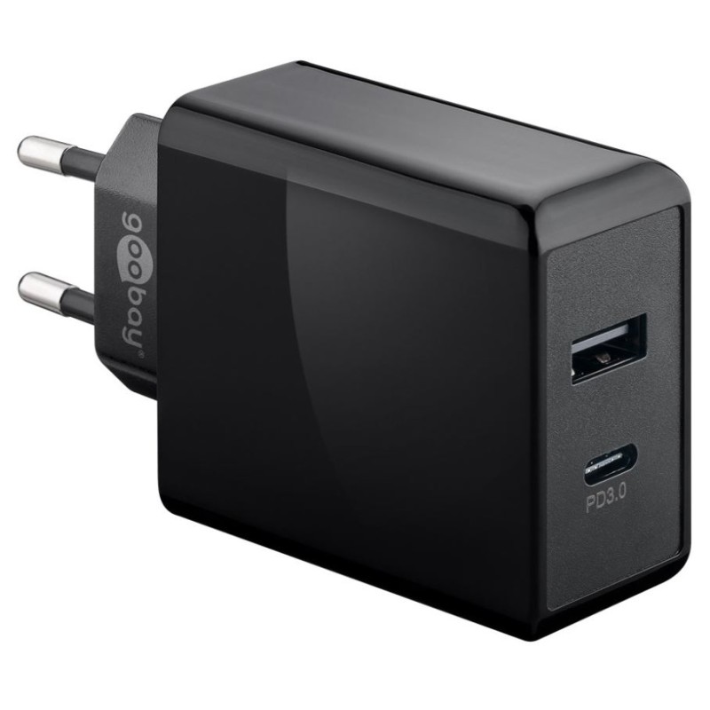 230V Netzteil mit USB-A & USB-C Buchsen, 30 Watt, schwarz
